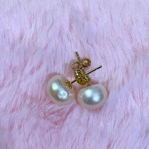 14K Yellow Gold Plated Natural Pink South Sea Pearl Stud Earrings 9-10 mm